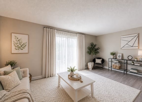 A living room with a white sofa, a coffee table, and a plant.