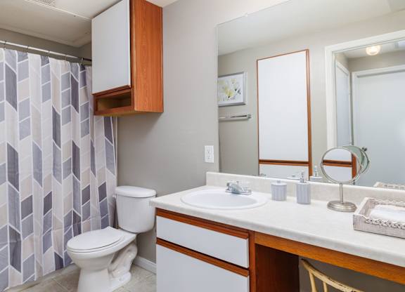 A bathroom with a toilet, sink, and shower curtain at Clear Creek Meadows Apartments, Copperas Cove