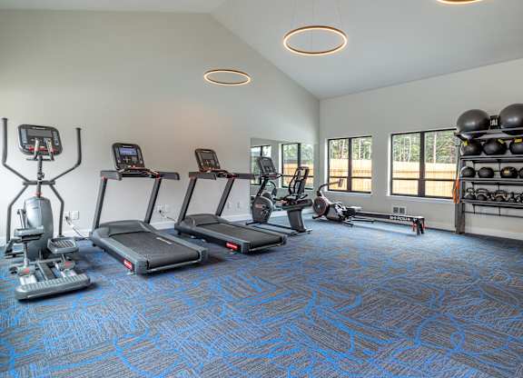 a gym with cardio equipment and weights in a room with windows