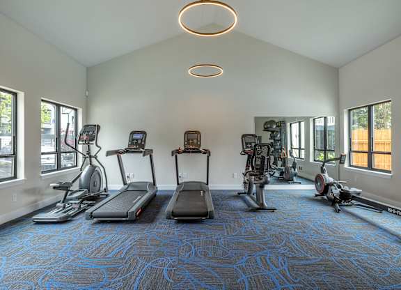 a gym with treadmills and other exercise equipment in a building with windows