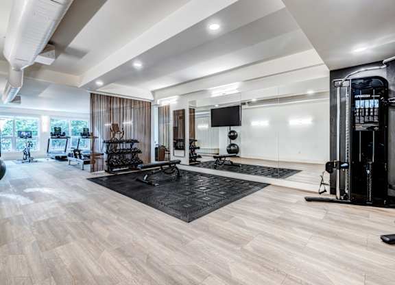 a home gym with weights and exercise equipment and a television