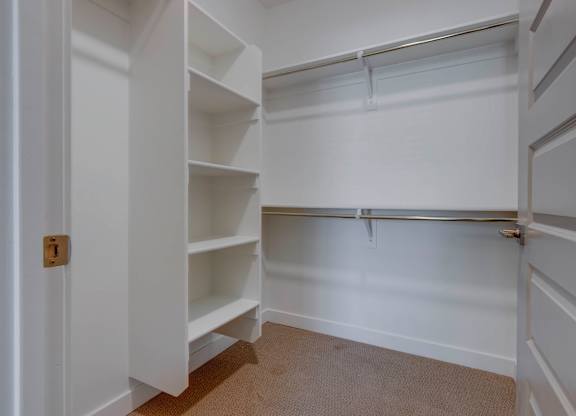 a walk in closet with shelves and a white door