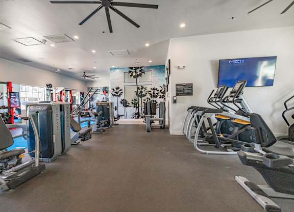 A gym with a variety of equipment including treadmills, stationary bikes, and weight machines.