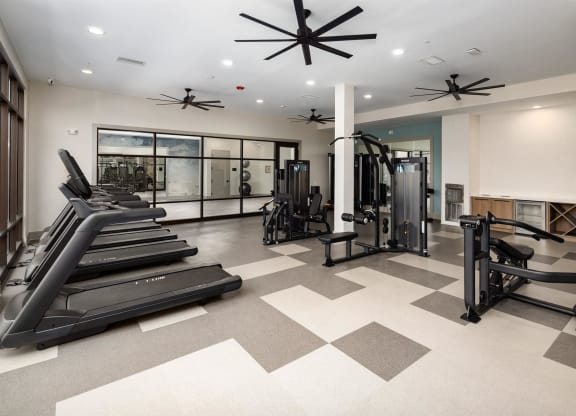 the gym has treadmills and other exercise equipment in the owners home gym