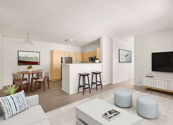 A modern living room with a grey sofa, a coffee table, and a television.