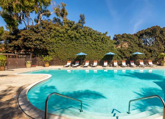 A large outdoor swimming pool surrounded by trees and lounge chairs.