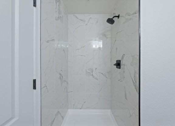 a bathroom with a shower and a sink