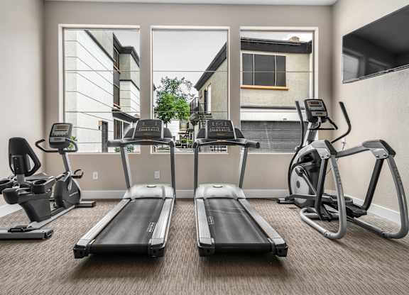 A well-equipped gym with treadmills, elliptical machines, and a stationary bike.