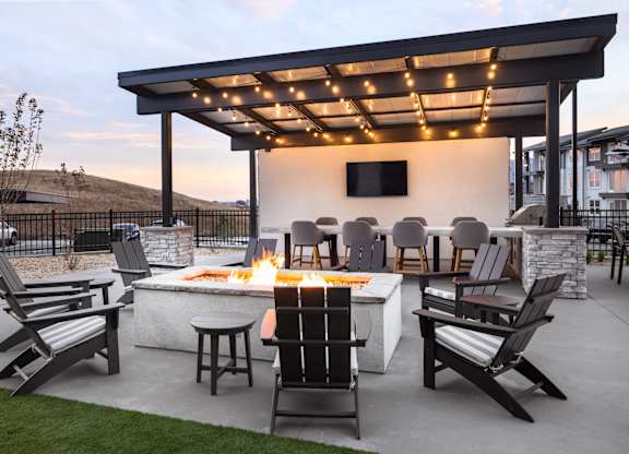 Patio with a fire pit at The Allaso Peak, Colorado Springs, CO, 80907