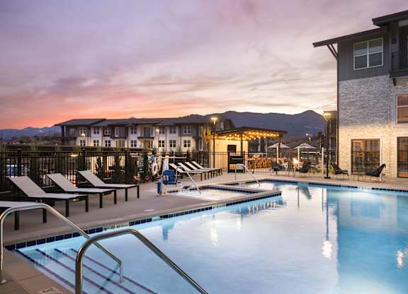 Swimming pool at dusk at The Allaso Peak, Colorado Springs
