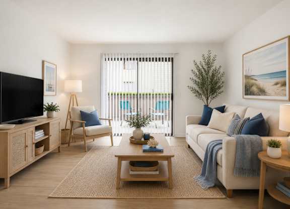 A living room with a television, a chair, a couch, a coffee table, and a plant.