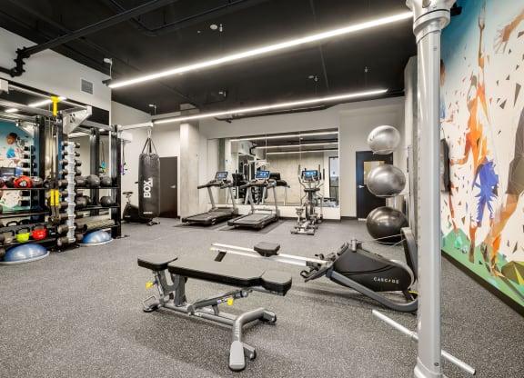 a large fitness room with weights and other exercise equipment at Ion Town Center, Washington