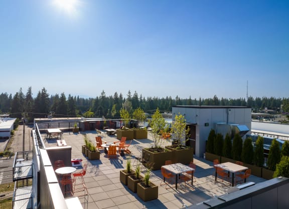 a view of the roof terrace with tables and chairs and potted plants at Ion Town Center, Shoreline, WA