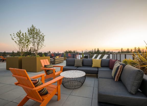 a view of the roof deck at sunset at Ion Town Center, Shoreline, 98133
