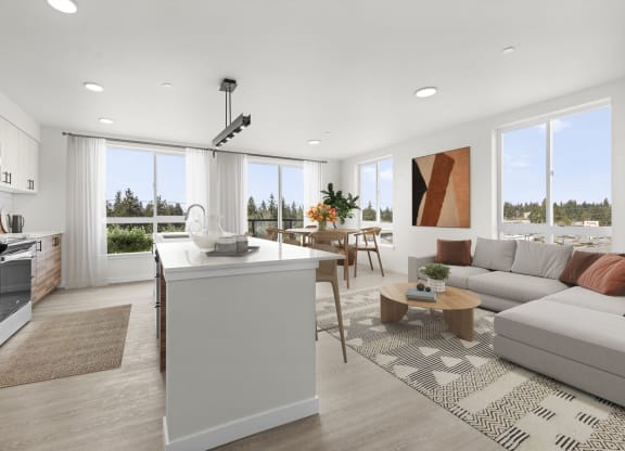 a rendering of a living room with a kitchen and dining area at Ion Town Center, Washington
