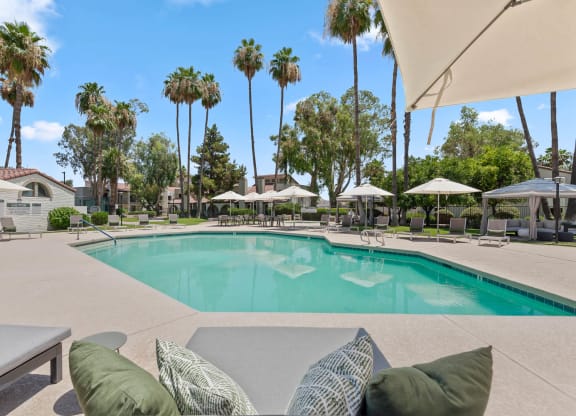 a swimming pool with umbrellas and palm trees in the background