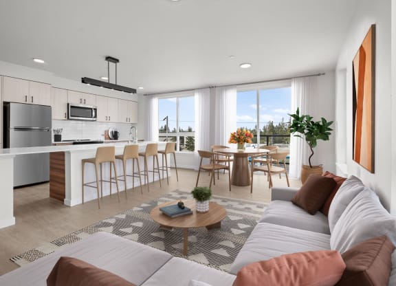 a rendering of a living room with a kitchen and dining area at Ion Town Center, Shoreline Washington