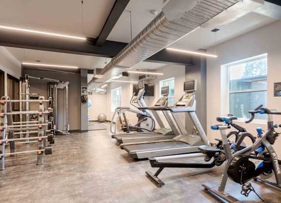 A gym with treadmills, exercise bikes, and weight racks.