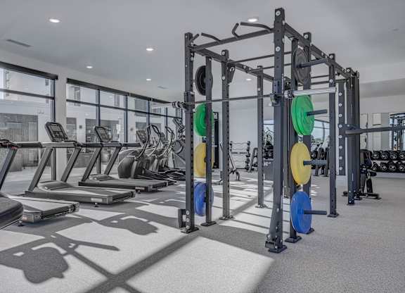 A gym with a variety of equipment including treadmills, weightlifting bars, and weight plates.