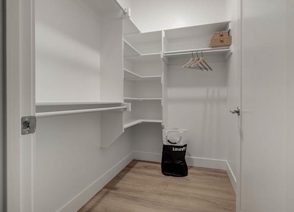 A white closet with a bag of laundry on the floor.