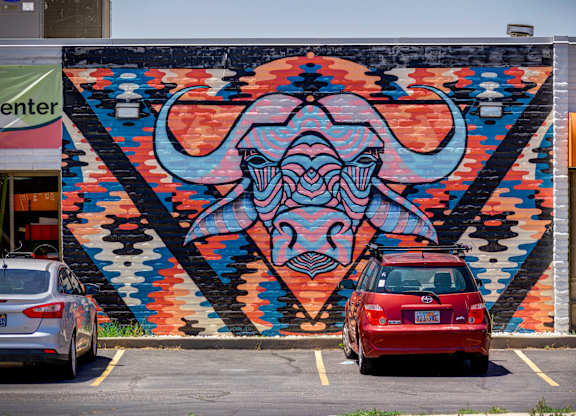 A mural of a bull's head is painted on a wall.