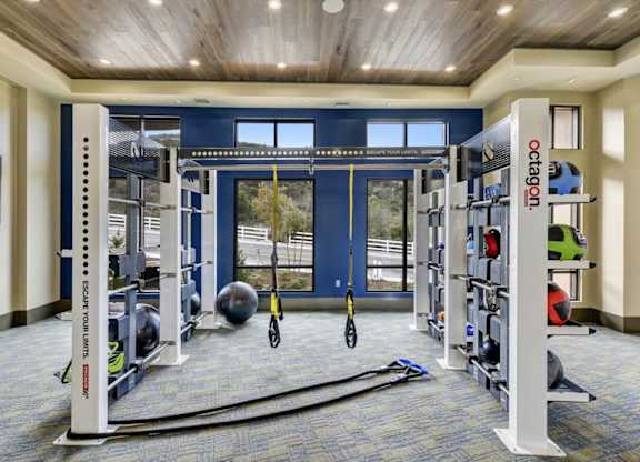 A gym with a variety of equipment including a squat rack, a rowing machine, and a medicine ball.