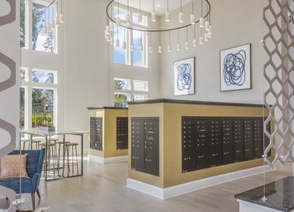 the lobby or reception area of a hotel with a large calendar on the wall