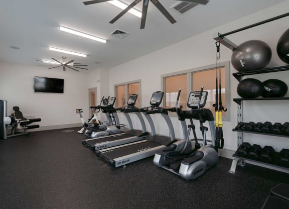 the gym at the flats at big tex apartments