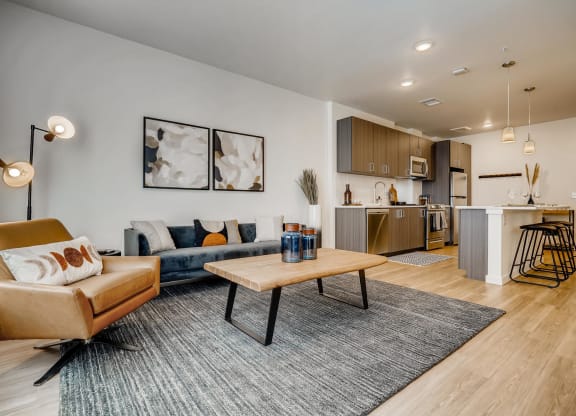 a living room with a couch and a table
