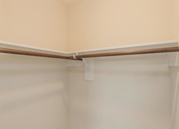 a walk in closet with a white shower curtain and a wooden rail at The Village at Granger Pines, Texas, 77302