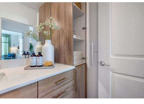a bathroom with wooden cabinets and a white door