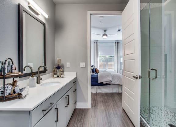 a bathroom with a shower and a sink and a mirror