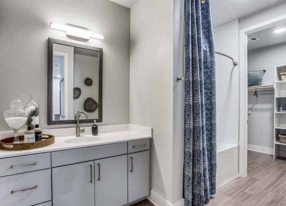 a bathroom with a shower and a sink and a mirror