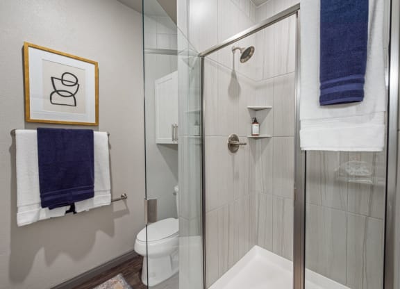 a bathroom with a glass door shower and blue towels