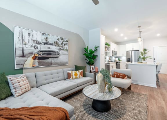 a living room with a couch and a table