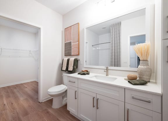 a bathroom with a large mirror and a toilet