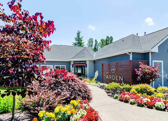 Sidewalk with colorful flowers at The Arden, Gresham, OR