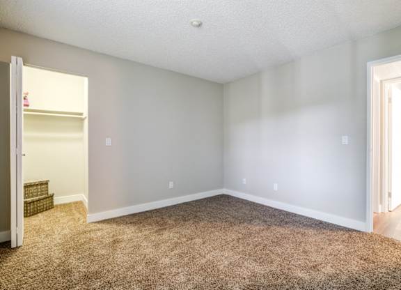 A room with a carpeted floor and a doorway leading to another room.