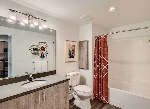 A bathroom with a toilet, sink, and a red shower curtain.