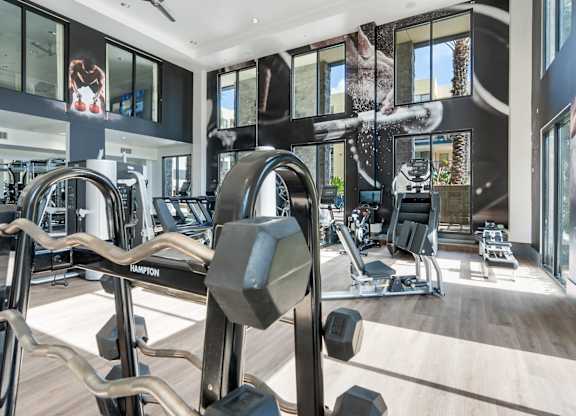 A gym with a variety of equipment including a weight machine and a treadmill.