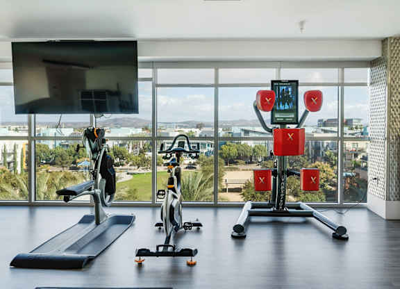 A home gym with a treadmill, exercise bike, and a weight lifting machine.
