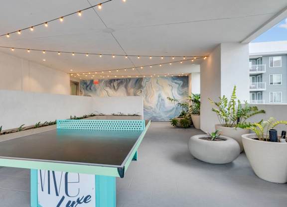 A ping pong table is in the middle of a room with plants on the side.