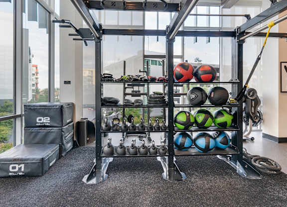 A gym with a weight rack and exercise balls.