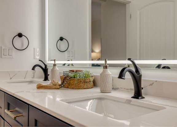 A bathroom sink with a basket of plants and a soap dispenser on the counter.