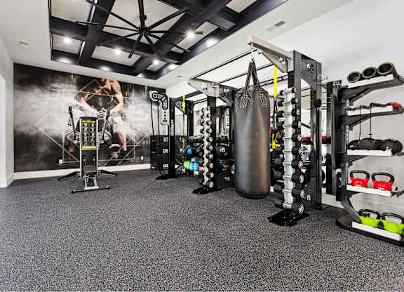 A gym with a punching bag, weights, and exercise equipment.
