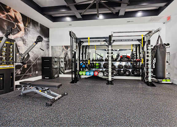 A gym with a punching bag, weights, and a bench.