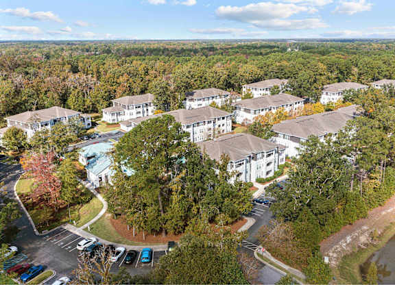 a aerial view of a group of buildings with trees and a river