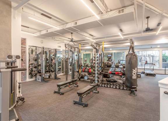 A gym with a variety of equipment including a squat rack, bench, and weights.