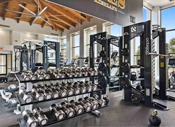 a fully equipped fitness center with weights and other exercise equipment