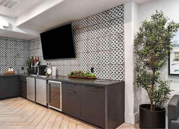 a kitchen with grey cabinets and a large plant in a pot
